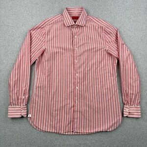 ISAIA Napoli Shirt Mens XL Salmon Red Striped Button Up Long Sleeve Cotton Italy